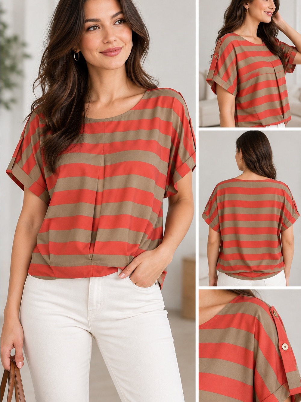 Striped Short-Sleeve Blouse in Red/Coral and Tan, Large.